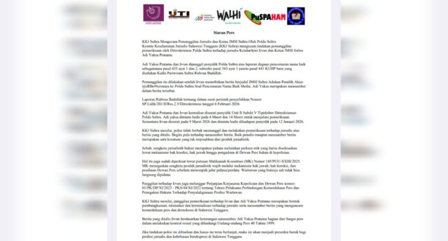 KKJ Sultra Kecam Pemanggilan Ketua JMSI dan Jurnalis oleh Polda, Dinilai Langgar UU Pers