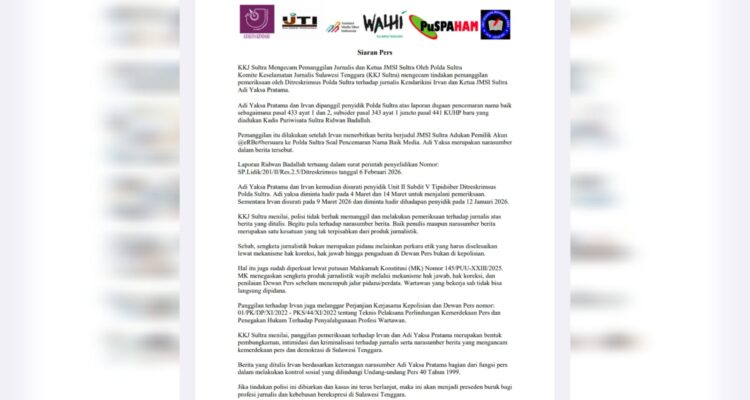 KKJ Sultra Kecam Pemanggilan Ketua JMSI dan Jurnalis oleh Polda, Dinilai Langgar UU Pers