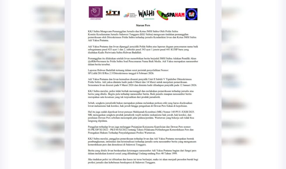 KKJ Sultra Kecam Pemanggilan Ketua JMSI dan Jurnalis oleh Polda, Dinilai Langgar UU Pers